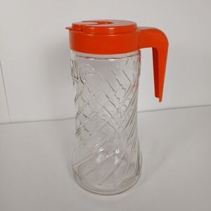 Vintage Anchor Hocking Glass Swirled Tang Pitcher with Orange Flip-Top Lid